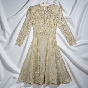 Vintage Nancy Johnson Petite Lace Dress Cream Long Sleeve Fit Flare Woman Size 6